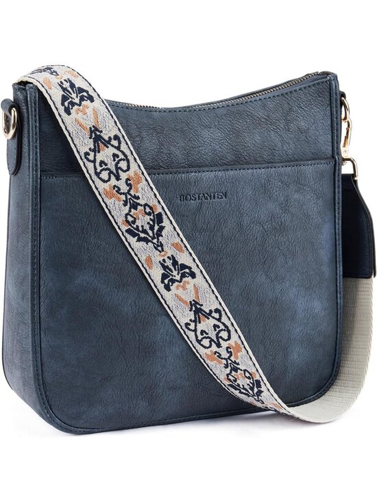 Handbags - Women's Blue Vegan Leather Crossbody Bags Trendy Wide Shoulder Strap Hobo Bags